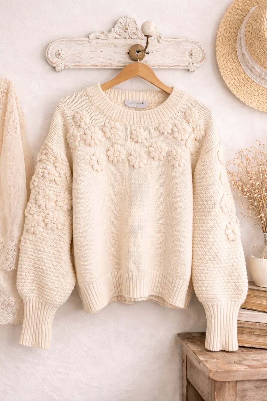 Tea + Rose Cream 3D Floral Applique Chunky Knit Sweater Size S